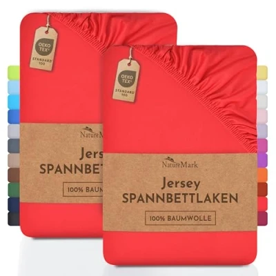 Image de Lot de 2 draps housses NatureMark En coton jersey Certifié selon la norme Öko Tex 100 « Confiance textile », Coton, Rot, 2er Pack 200x220 cm +40cm Steg