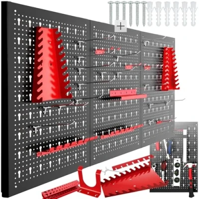 Image de TecTake® Panneau mural Perforé Porte outils Lot de 3 Panneaux 120 x 2 60 cm 25 pcs Crochet &amp; Supports, Extensible Système rangement Outillage visserie