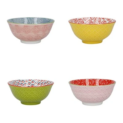 Image de KitchenCraft Set De 4 Bols À Céréales Motifs Dans Une Boîte Cadeau, Service En Céramique Idéaux Pour La Crème Glacée, Soupe Et Plus Encore, &#039;Brights&#039;, 15 cm