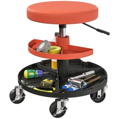 Image de HOMCOM Tabouret d&#039;atelier à roulettes, de mécanicien avec Hauteur réglable 40 51 cm, 2 étagères Outils pour Outils, siège pivotant Charge Max 135 kg, Jaune