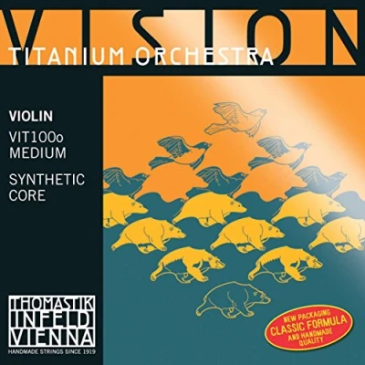 Image de Cordes Thomastik Violon Vision Titanium Orchestra Noyau synthétique Boule en titane à enlever;Sol Argent filé. 4/4; Moyen