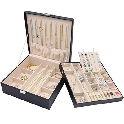 Image de Procase Boîte à Bijoux Rigide en Cuir, Rangement Double Couche, 32 Compartiments Grande Capacité, sans Perdre ou Abîmer Noir