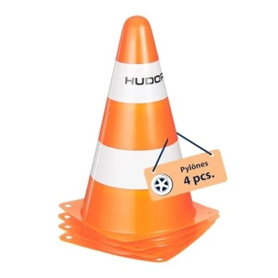Image de HUDORA Cônes 4 pièces de circulation empilables en orange/blanc signalisation haute qualité Hauteur 23 cm &amp; largeur 14 Plot pour slalom, cyclisme, dribble