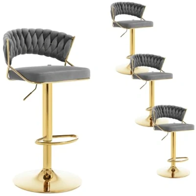 Image de WOLTU Lot de 4 Tabouret Bar avec Dossier Tissé et Repose Pieds, Pivotant, Hauteur Réglable, Base Évasée en Métal + Siège Velours, Gris foncé, BH427dgr