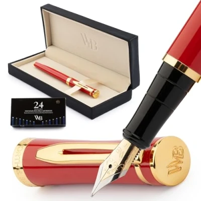 Image de Wordsworth &amp; Black Ensemble Stylo Plume, Plume Fine Dorée 18 Carats, Comprend 24 Cartouches D&#039;encre, Convertisseur De Recharge D&#039;encre Et Coffret Cadeau, Finition Dorée, Calligraphie [Rouge Cramoisi]