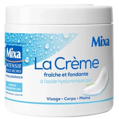 Image de Mixa Intensif Peaux Sèches La Crème Fraîche et Fondante à l’Acide Hyaluronique Pur Multi Usages Visage, Corps, Mains, Pieds Hydratation 24h Pénétration rapide Hypoallergénique Lot de 2