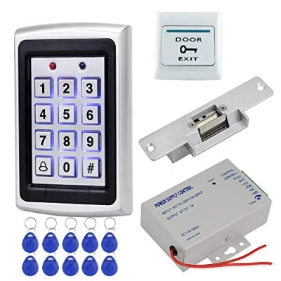 Image de HFeng Système Contrôle d&#039;accès de porte Kit Set Clavier RFID Contrôleur en métal + Alimentation DC12V 3A Verrous grève électroniques NC Bouton sortie 10pcs Carte clés