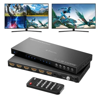 Image de 4K HDMI Multiviewer Switch 4x2 with PIP, PORTTA Quad Multi Viewer Seamless Switcher 4 in 2 Out avec Toslink, 3.5mm Audio Output Prise en Charge 30Hz, 6 Viewing Modes, Downscaler pour PS4/PC/DVD