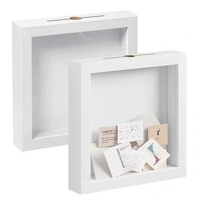 Image de EUGAD Lot de 2 Cadre Boîte d&#039;Ombre 3D avec Fente, Profond Carré 20x20cm pour Objets jusqu&#039;à 3cm, Présentation en Bois Photos, Artisanat, Médailles, Souvenirs, Blanc