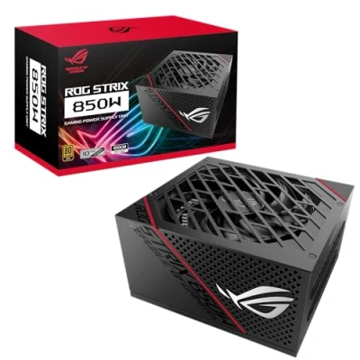 Image de ASUS ROG Strix 850W Gold Bloc d’alimentation (radiateurs ROG, ventilateurs axiaux à double roulement billes, technologie 0dB, certification 80 plus Gold, câbles modulables, Garantie 10 ans)