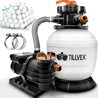 Image de tillvex® Système de Filtre à Sable 13 200L/h jusqu&#039;à 40 000L + 1200g Boules 7 Fonctions Filtration &amp; Adaptateur 2en1 Ø32 38mm piscine avec indicateur pression (Blanc/Orange)