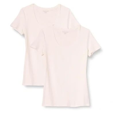 Image de Amazon Essentials T Shirt à Encolure Dégagée Coupe Classique Manches Courtes (Grandes Tailles Disponibles) Femme, Lot de 2, Blanc, M