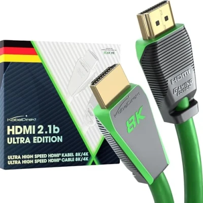 Image de KabelDirekt Câble 8K HDMI 2.1, édition certifiée Gamer 2m (8K@60Hz, ultra High Speed/48G pour 10K, ou 144 Hz rapide en 4K, optimal PS5/Xbox et Gaming PC, moniteur/TV, vert)