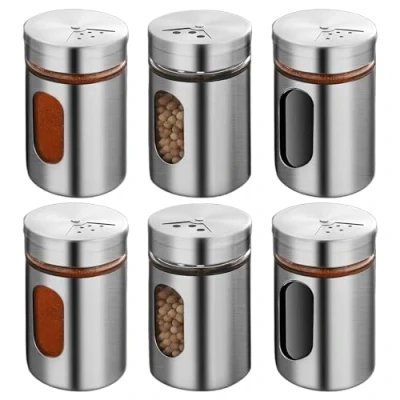 Image de Lot de 6 pots à épices 80 ml : avec 3 types trous d&#039;épices en verre couvercle rotatif acier inoxydable, boîte sel, épices, pour cuisine, salle