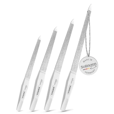 Image de TITANIA® Solingen Lot de 4 Limes à ongles saphir professionnelles (12/15/17/20 cm) avec manche blanc Lime pour naturels Accessoires manucure et pédicure haute qualité