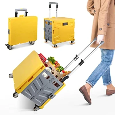 Image de Chariot de Courses, Courses Pliable Capacité 50L et Surcharge 50kg, Panier à Provisions avec Couvercle, Poignée Extensible en Aluminium, 4 Roues Roue Métal 360, 103 x 43 38 cm