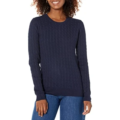 Image de Amazon Essentials Pull Torsadé Léger À Col Rond Et Manches Longues (Disponible en Grande Taille) Femme, Bleu Marine, XL