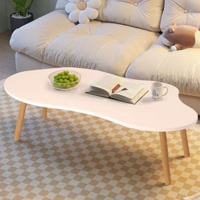 Image de Petite table basse blanche, moderne du milieu siècle pour salon, centre de ovale en forme nuage, tables basses blanches petit espace, 101,6 x 50,8 40,6 cm