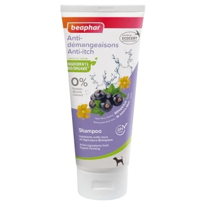Image de BEAPHAR Shampoing Anti Démangeaisons labellisé ECOCERT pour chien Contient de l&#039;Aloe Vera, du Millepertuis et Cassis Bio pH neutre sans parabène/silicone/colorant alcool 200 ML