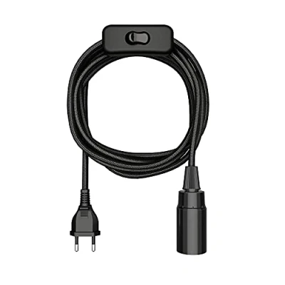 Image de ledscom.de câble textile LEHA, fiche, interrupteur, noir, 3 m, douille de lampe, 1x E14 max. 60W, Led, Diy, textile, lampe à suspension, fiche secteur,