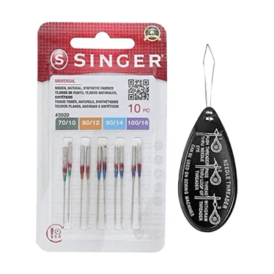Image de Singer Universal (Universel / Universelle) 2020 Lot de 10 Aiguilles pour Machine à Coudre, Assortiment Tailles 70/10, 80/12, 90/14 &amp; 100/16 avec Enfile Aiguille