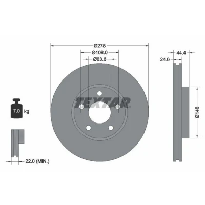 Image de TEXTAR PRO 92124803 Disque de frein 278 24 05/05 108 ventilé l&#039;intérieur revêtu sans boulon fix roue, moyeu roue