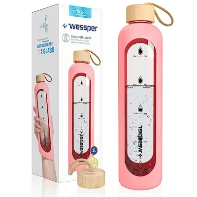 Image de Wessper Bouteille d’eau 1L de Motivation en verre avec temps horaire, Sans BPA, Gourde hermétique 1000 ml couvercle bambou réutilisable housse silicone Rose