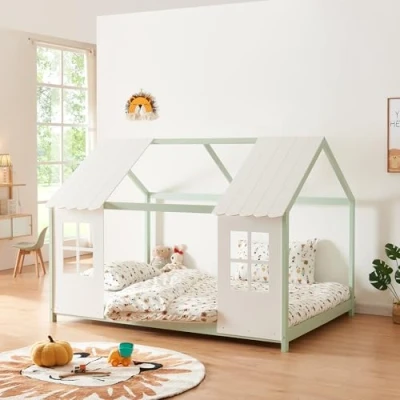 Image de [en.casa] Lit Cabane avec Fenêtres et Toit Enfant Forme Maison Design Sommier à Lattes pour Chambre d&#039;enfant en Bois de Pin Contreplaqué 120 x 200 cm Vert Menthe Blanc