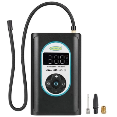 Image de Ring Automotive RTC4000 Gonfleur de Pneu sans Fil Pompe à air Rechargeable Arrêt Automatique Lumière LED Écran numérique Fonction mémoire Boîtier et Adaptateur