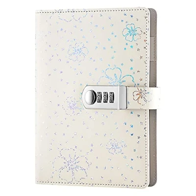 Image de NectaRoy Journal en Cuir PU écriture Carnet, Taille Quotidien Relié Avec Serrure à Combinaison Mot de Passe Bloc notes, Fleur et Motif d&#039;étoile Cahier, 210x145mm