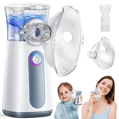 Image de inhalateur silencieux pour enfants avec embout buccal et 2 masques, portable adultes vitesse réglable, mode de nettoyage, batterie longue durée