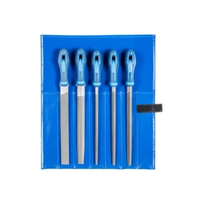 Image de PFERD Assortiment d’atelier en étui PVC enroulable, 5 limes, taille croisée H2, 250 mm pour travaux universels de dégrossissage et d’usinage finition, Bleu/Gris,