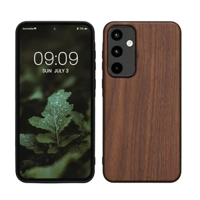 Image de kwmobile Housse Compatible avec Samsung Galaxy A55 5Gcoque Étui de Protection Rigide en Bois Cadre TPU Brun foncé