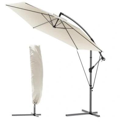 Image de vounot Parasol Déporté Hexagonale 3M avec Manivelle anti Retour et Sangle de Fixation Inclinable Toile 180gr/m2 UV H235cm 6 Baleines en acier Inclus housse protection Beige