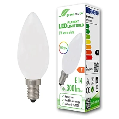 Image de greenandco® IRC 90+ Ampoule à Filament dépolie LED E14 3W (équivalent 28W) 300lm 2700K (blanc chaud) 360 230V Verre, aucun scintillement, non gradable