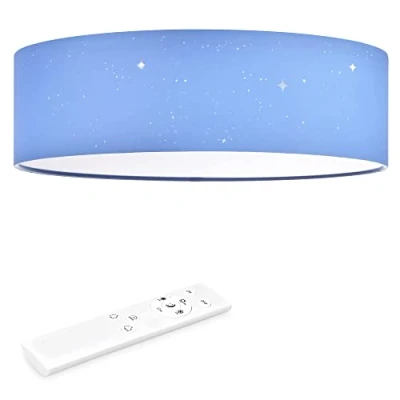 Image de Navaris Plafonnier LED 22W Rond 40cm Ø Design Tissu Bleu Clair Effet Etoilé Lumière Variable avec Changement de Température Couleur et Télécommande