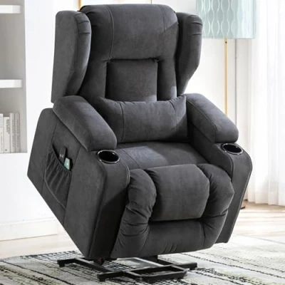 Image de COMHOMA Fauteuil Relax Electrique Salon Massage TV Fonction Inclinable Vibration Chauffage Debout Assisté Dossier Réglable avec Repose Pieds et Porte Gobelet Tissu Brun