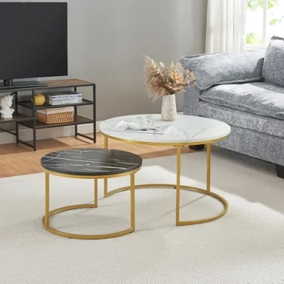 Image de [en.casa] Set de 2 Tables Basses Rondes Gigognes Tailles Différentes Table d&#039;Appoint Bout Canapé Design Intemporel Panneaux Particules Acier Laqué Effet Marbre Blanc Noir Doré