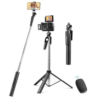 Image de Vinabo Trepied Smartphone, 160CM Iphone, Extensible Perche a Selfie Stick, Telephone Portable Rotation 360 avec Télécommande pour Voyages, Vlogs, Compatible iPhone/Samsung/GoPro