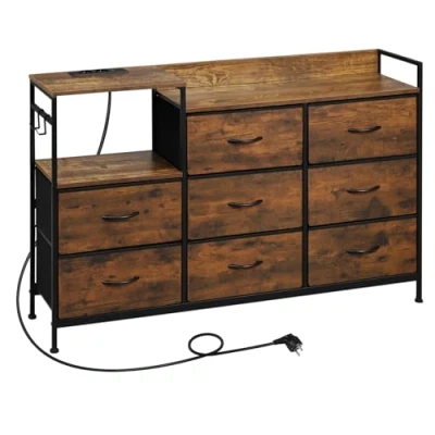 Image de WOLTU Commode à 8 Tiroirs, avec Station de Charge, Tiroirs en Tissu et Crochets, pour Salon, Chambre Coucher, Métal Bois d&#039;Ingénierie E1, Marron Rustique Noir, SSK007hov