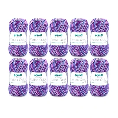 Image de Fil à tricoter/crocheter Gründl Cotton Quick Print (fil aux couleurs joyeuses 100 % coton, certifié OEKO TEX, 50 g / 125 m, grosseur d&#039;aiguilles : 3 4, 10 x g), Aubergine Multicolore