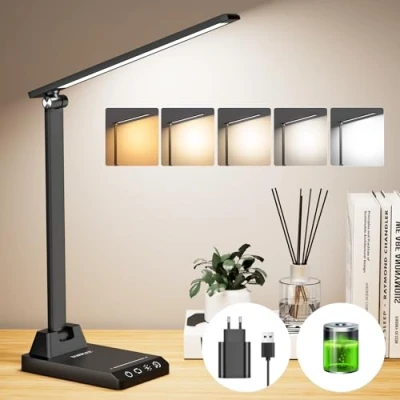 Image de Lampe de Bureau LED, Sans Fil Avec Batterie 2500 mAh, 5 Modes Couleur 10 Niveaux Luminosité, Contrôle Tactile Protection des Yeux, Chevet USB et Fonction Minuterie