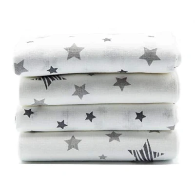 Image de ClevereKids Langes bébé en mousseline SUPERIOR de coton imprimé d&#039;étoiles Lot 4 00 x 80 cm double tissage certifié Oeko Tex Standard 100 (Pictor blanc gris)