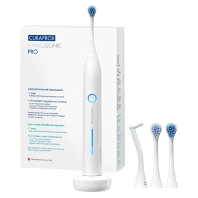 Image de Curaprox Hydrosonic Pro brosse à dents électrique, 7 niveaux de brossage, affichage fonction LED, minuterie 2 minutes, 3 têtes différentes, avec chargeur et étui voyage