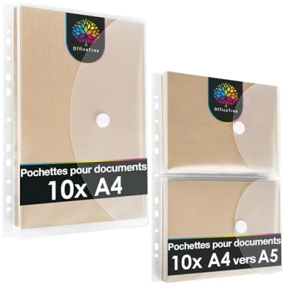 Image de OfficeTree 20 x pochette plastique porte documents avec 160 perforations 10 A4 A5 Pochettes fermeture scratch et bord de classement