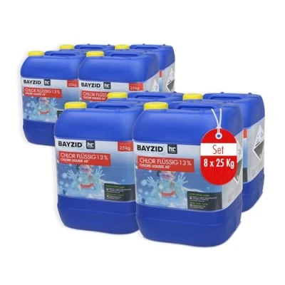 Image de Höfer Chemie chlore liquide 8 x 25 kg (200 kg) 48 pour piscine avec une teneur en actif de 13 à 15% l&#039;entretien des piscines et la désinfection l&#039;eau Made in Germany