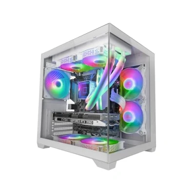 Image de MARS Gaming MC VIEW2, Boîtier MicroATX, Double Verre Trempé Continu Sans Cadre, 1x Ventilateur FRGB Arrière 120mm, Support Refroidissement Liquide jusqu’à 240mm, Structure Chambre, Blanc