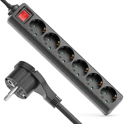 Image de deleyCON Multiprise à 6 Compartiments avec Fiche Plate et Interrupteur on/Off Intérieure Câble de 1,4m Contact Plat Boîtier en Plastique Robuste Noir