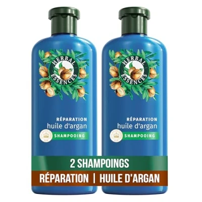 Image de Herbal Essences Réparation Shampoing Huile d&#039;Argan 2x250ml Cheveux Abîmés. Nutrition Intense pour une Chevelure Douce et Lisse. Ingrédients d&#039;Origine Naturelle*, Sans Silicone, Végan