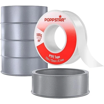 Image de POPPSTAR Ruban d&#039;Étanchéité Fileté PTFE 100g/m² Adhésif en Téflon pour Filetage Large (Étanches au Gaz, Eau &amp; Vapeur) 12m x 12mm 0,1mm, 5 Rouleaux